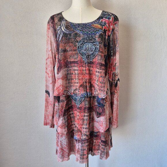 Desigual One Moment Abstract Mesh Layer Mini Dress Long Sleeve Multicolor - Picture 2 of 16